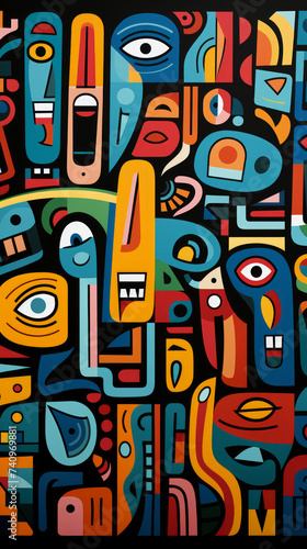 Colorful Abstract Cubist Painting of totemic patterns