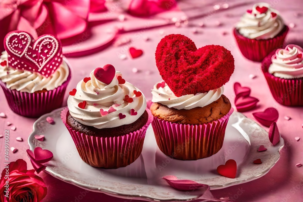 cupcakes with pink frosting and sprinkles, A romantic scene unfolds as a cupcake adorned with a love heart takes center stage, creating a perfect backdrop for a Valentine's Day celebration