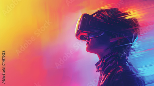 Silhouetted figure in virtual reality gear, surrounded by a dreamlike pink and purple haze.