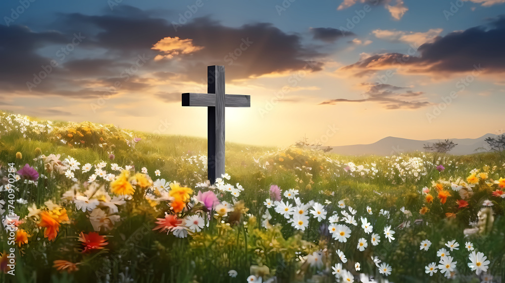 A miniature scene depicting the Resurrection with a cross on a mossy hill A miniature scene depicting the Resurrection with a cross on a mossy hill