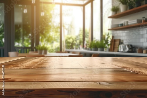 Empty wooden table top with a defocused modern kitchen interior background, ideal for product display and design mockups.