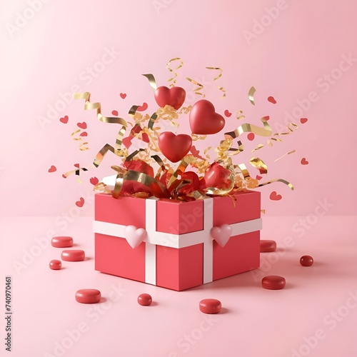 Gift box and Valentine's Day flowers vector with background Red gift box tied with silk ribbon with bow flowers on pink background. Holiday presents shopping celebration concept 