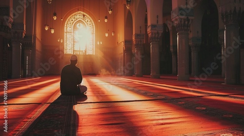Muslim man praying inside mosque. Sunlight rays and haze through the window. ramadan Kareem concept, islamic background, Generative AI