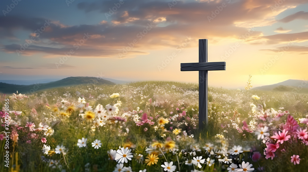 A miniature scene depicting the Resurrection with a cross on a mossy hill A miniature scene depicting the Resurrection with a cross on a mossy hill
