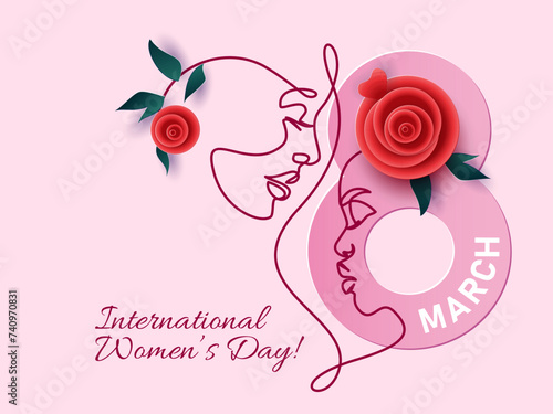 Happy International Womens day 8 March card. Abstract portrait of woman