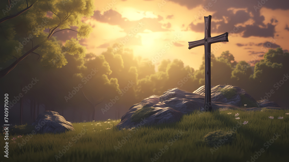 A miniature scene depicting the Resurrection with a cross on a mossy hill A miniature scene depicting the Resurrection with a cross on a mossy hill