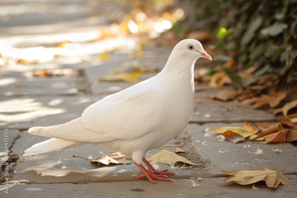 Fototapeta premium White Bird Standing on Sidewalk Next to Leaves