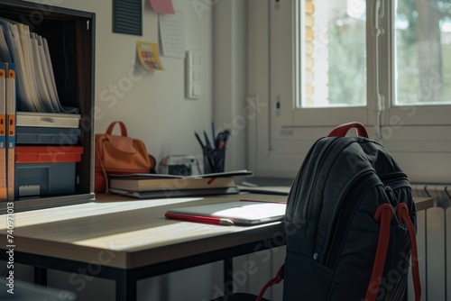 Backpack Resting on Wooden Table