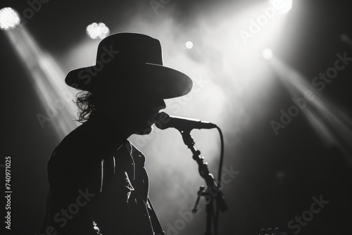 Man in Hat Singing Into Microphone - Black and White Photo photo