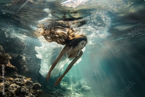 Woman in White Dress Swims Underwater