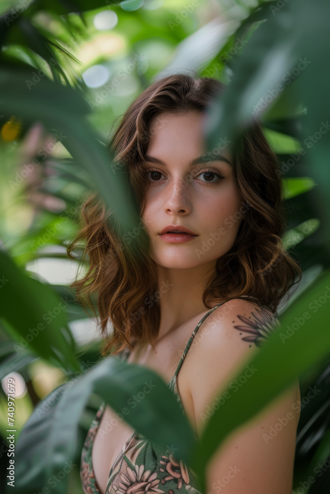 Fototapeta premium Bohemian Queen, Enchanting Eyes, Earthy Beauty in Lush Garden