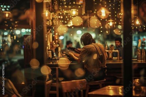 Man Sitting at Bar Playing Guitar