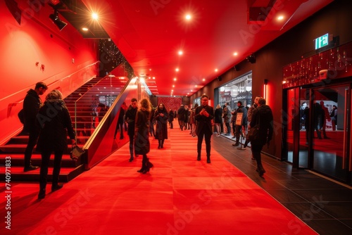Group of People Walking Down a Red Carpeted Hallway