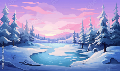 snowy landscape with aurora borealis vector simple isolated illustration