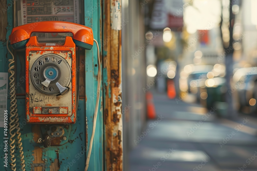 Orange and Blue Phone on Side of Building Orange and Blue Phone on Side of Building
