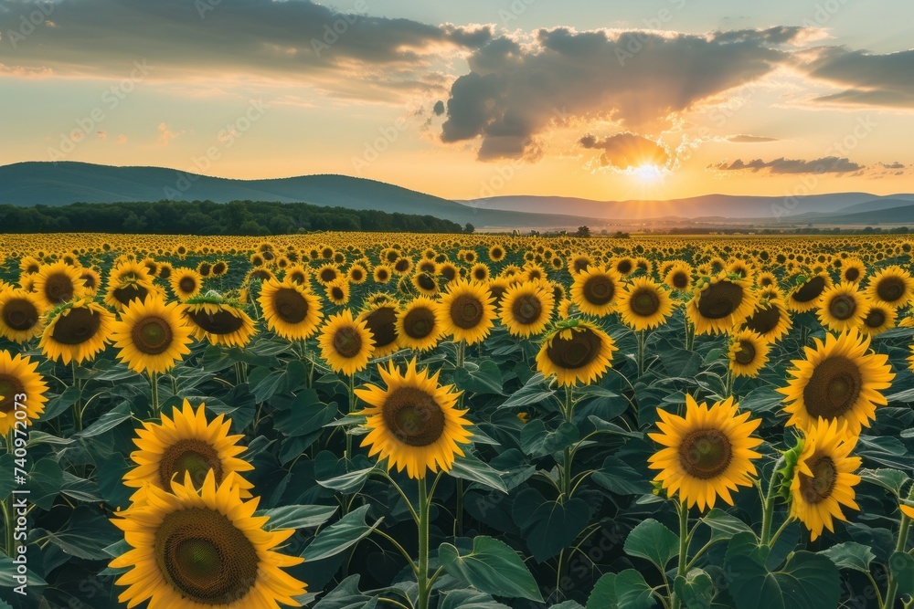 A Large Field of Sunflowers With a Sunset in the Background