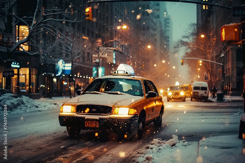 Obraz premium Taxi Cab Driving Down a Snow Covered Street