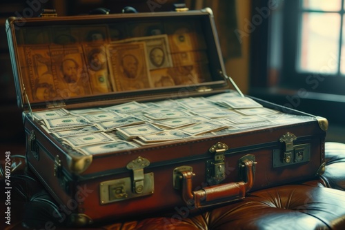 Suitcase Filled With Money on Leather Chair