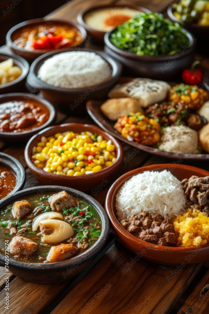 Traditional Brazilian dishes on the wooden table, upper view.