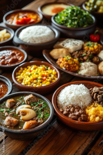 Traditional Brazilian dishes on the wooden table, upper view. © okfoto