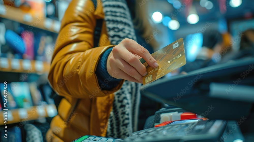 Customer Making a Payment with Credit Card at a Store Checkout,free payment process, in shop