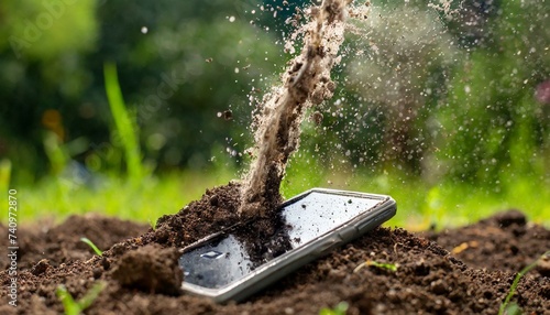Telefone sendo enterrado com terra caindo sobre o mesmo photo
