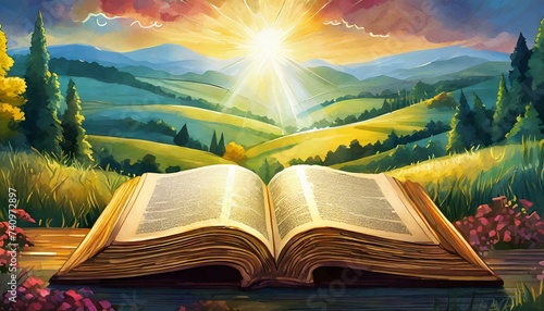 Close up em livro religioso e ao fundo uma paisagem impecável