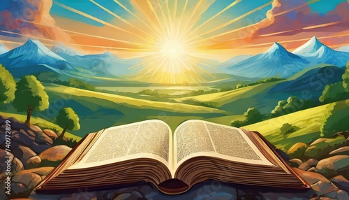 Close up em livro religioso e ao fundo uma paisagem impecável