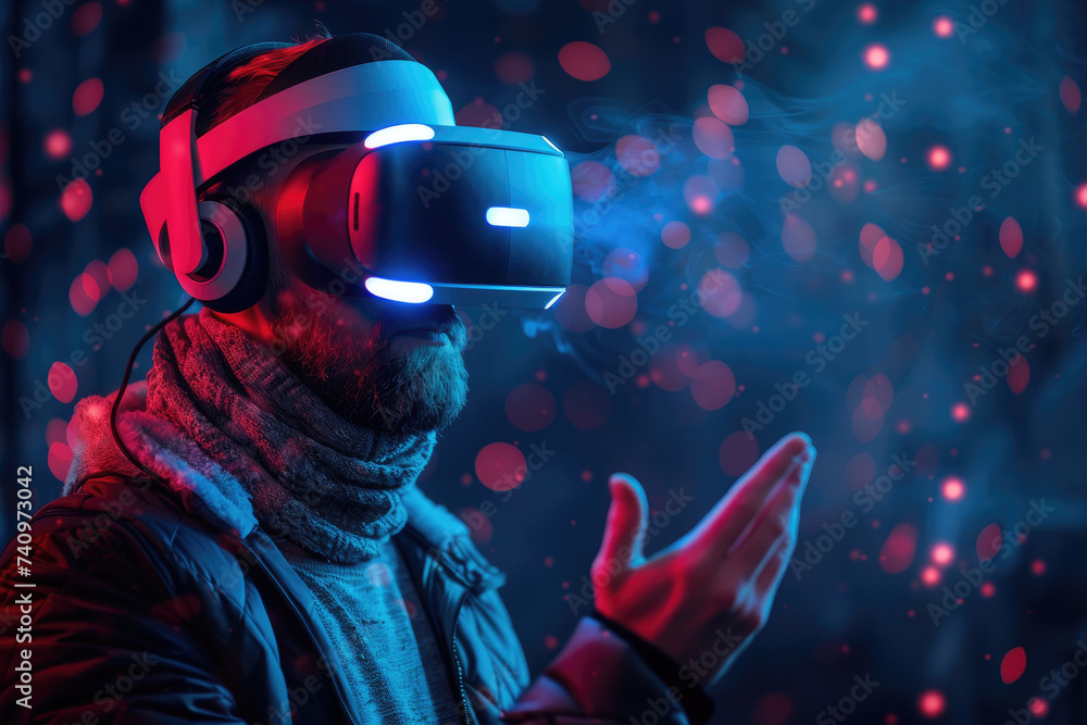 A man delves into a digital world, his human face obscured by the virtual reality goggles and his clothing mirroring the sleek, futuristic style of the technology A man delves into a digital world, his human face obscured by the virtual reality goggles and his clothing mirroring the sleek, futuristic style of the technology
