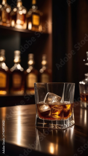 Glass of whiskey with ice at bar counter, blurred moody dark background, selective focus