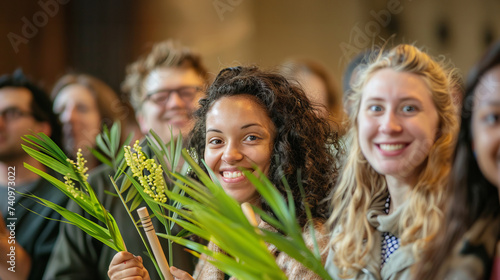 Smiling people with palm branches at the Church for Palm Sunday photo