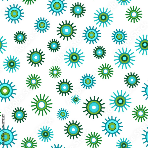 Many small green flowers on white background. Seamless pattern with daisies. Flower with many petals. Design in retro style for girls. Vector illustration for paper, textile, cards.