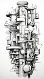 Complex Monochrome Industrial Pipes Illustration

