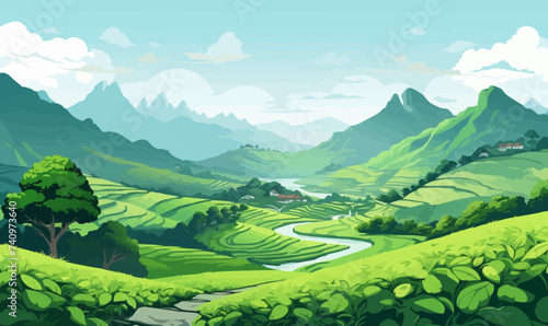 peaceful tea plantation in the mountains vector isolated illustration
