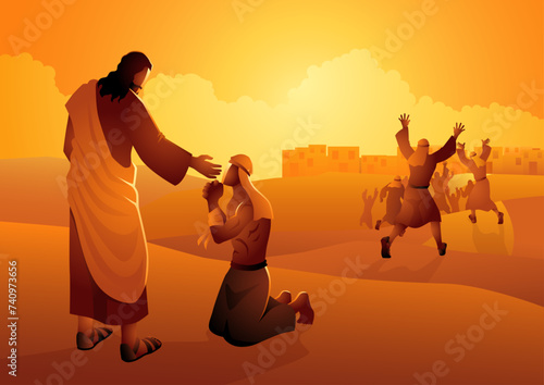 Biblical vector illustration series, Jesus heals ten lepers, only one returns to thank Jesus photo