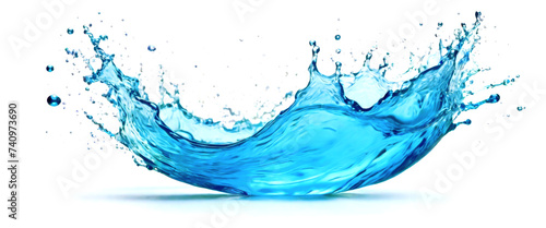 Splashes and drops of blue water isolated on a white background. Panorama.