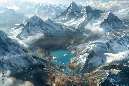 Glacial lakes sparkle amidst snow-capped peaks, a bird's view of pristine alpine beauty.