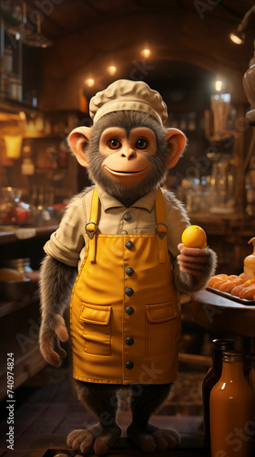 Monkey in a Chefs Outfit Stirring Food in a Pan. Generative AI