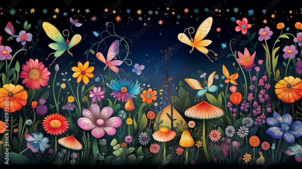 Whimsical painting of flowers and butterflies on black background. Generative AI Whimsical painting of flowers and butterflies on black background. Generative AI