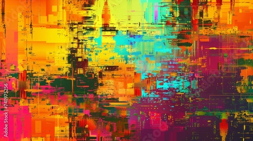 Digital glitch art, abstract patterns, vibrant neon colors, futuristic and edgy, high resolution, tech-inspired background © Amanda