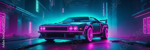 Shiny futuristic sports car on a blurred cyberpunk city street background with bright neon lights. Bokeh effect. Future concept.