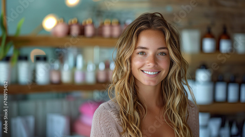 Young woman owner of a natural cosmetics, beauty products, skin and hair store. Out of focus background, copy space.