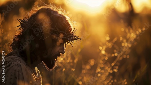 jesus wears gold crown on his head while he gazes at the sunset Generative AI photo