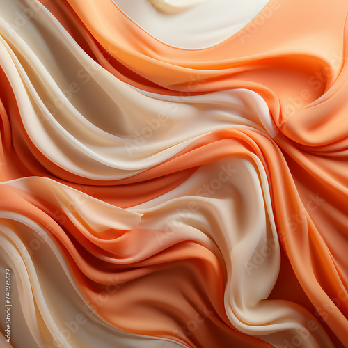 Orange chiffon fabric in different tones draped on a clean background, top view