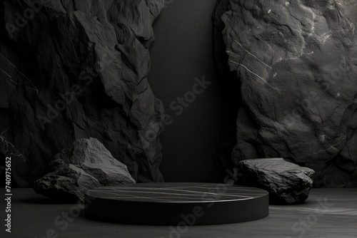 A sleek marble display stand sits between rugged stone boulders with a moody smoky background, blending nature and luxury