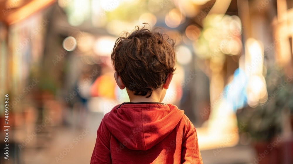 Fototapeta premium Photograph of a young boy walking alone with a blurred background