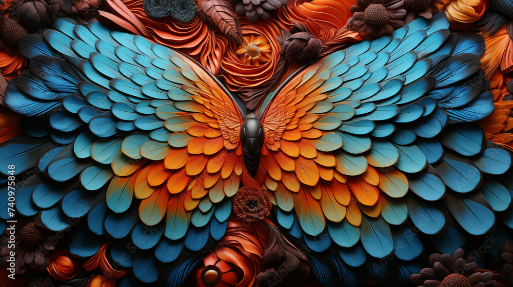 Naklejka premium Close up of blue and orange butterfly. Generative AI
