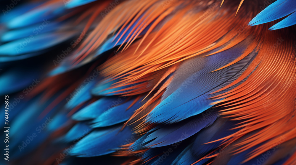 Close up of blue and yellow bird feather details. Generative AI Close up of blue and yellow bird feather details. Generative AI