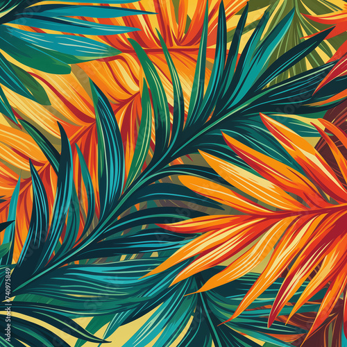 Tropical leaves painting on yellow background. Generative AI