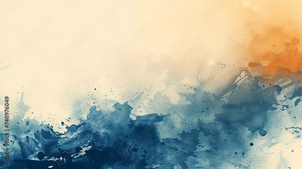 Abstract watercolor paint background flows and splashes of blue and golden with splashes. Liquid fluid texture for backdrop. - obrazy, fototapety, plakaty 